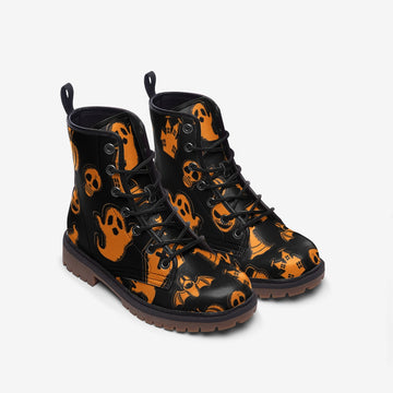 Orange Halloween Icons Black Vegan Leather Combat Boots