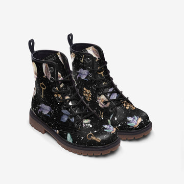 Dark Cottagecore Aesthetic Print on Black Vegan Leather Combat Boots