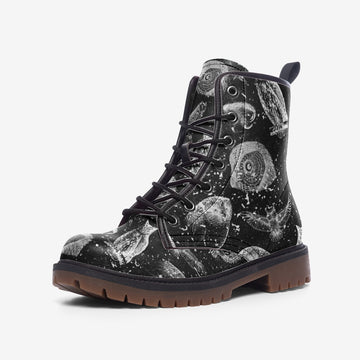 CUSTOM ORDER || Limited Edition || Grey Owls On Black Vegan Leather Combat Boots