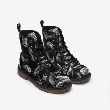CUSTOM ORDER || Limited Edition || Grey Owls On Black Vegan Leather Combat Boots