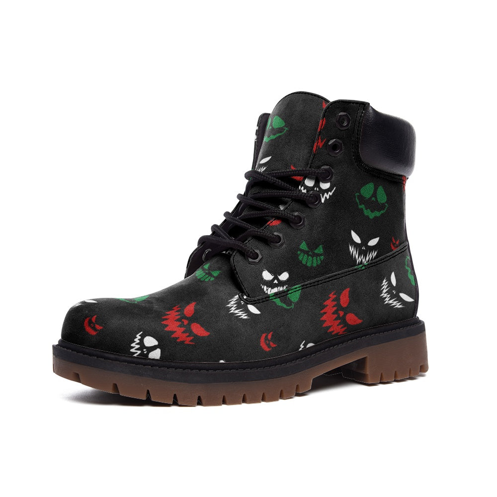 Smiling Jack-o-lantern Santas Colors on Black Vegan Leather Combat Boots