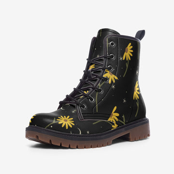 Celestial Sunflowers on Black Vegan Leather Combat Boots