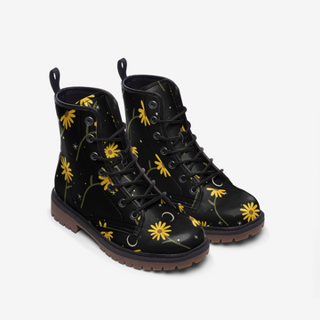 Celestial Sunflowers on Black Vegan Leather Combat Boots