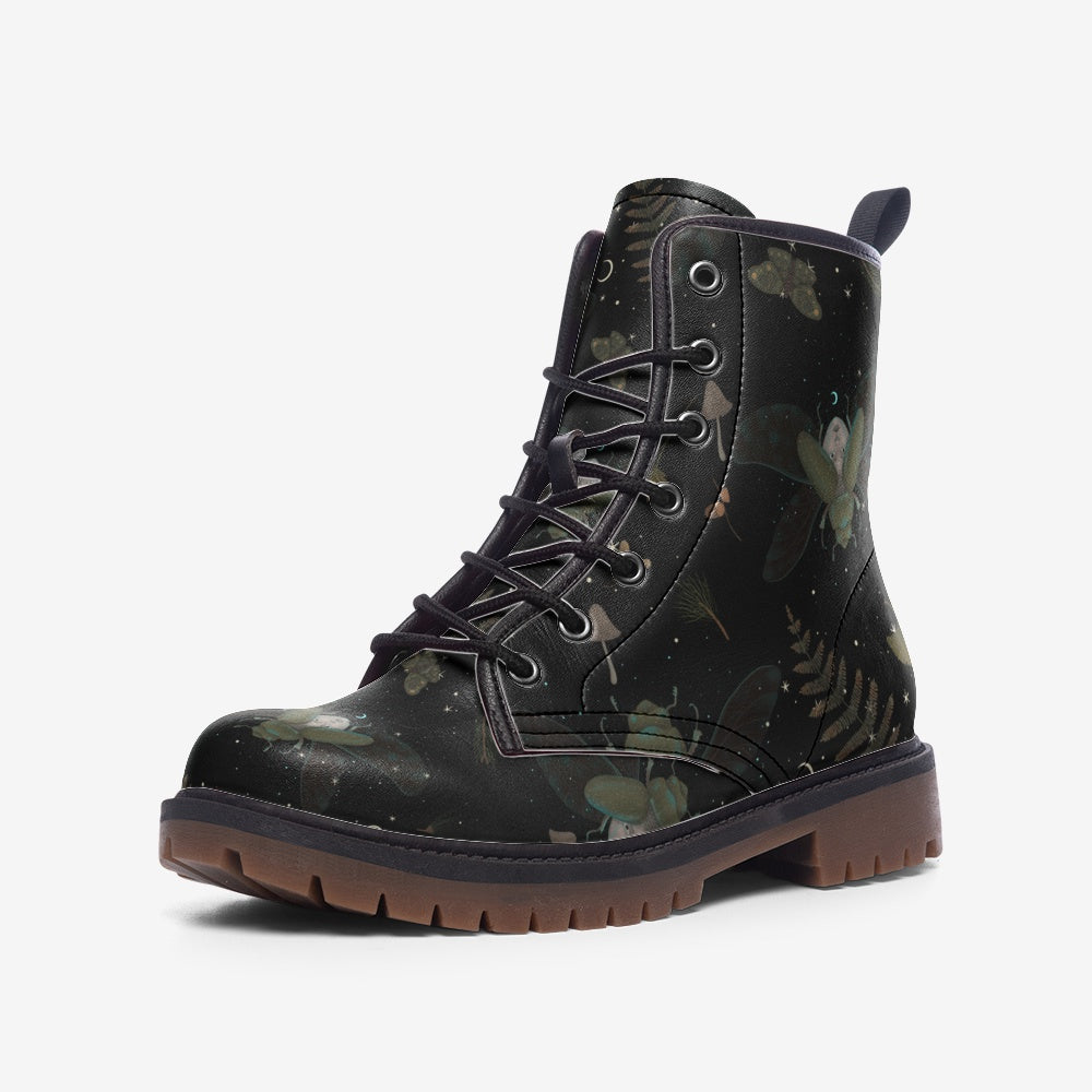Insects in The Forest Print on Black Vegan Leather Combat Boots