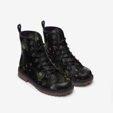 Insects in The Forest Print on Black Vegan Leather Combat Boots