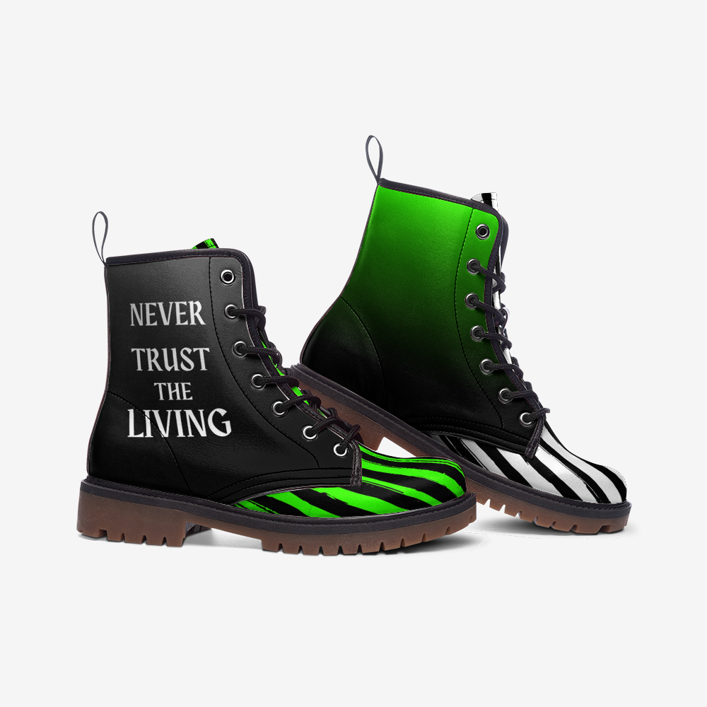 CUSTOM ORDER | Mismatched "It's Showtime" and "Never Trust The Living" Vegan Leather Combat Boots