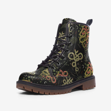 Green and Orange Snakes in The Wood Print on Black Vegan Leather Combat Boots
