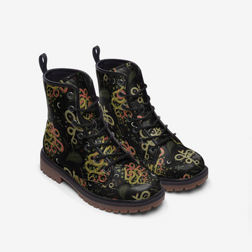 Green and Orange Snakes in The Wood Print on Black Vegan Leather Combat Boots