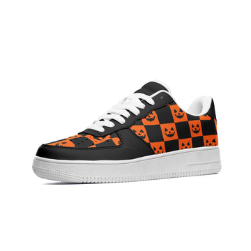Black and Orange Checkered Low Top Vegan Leather Sneakers with Scary Pumpkins Faces