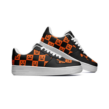 Black and Orange Checkered Low Top Vegan Leather Sneakers with Scary Pumpkins Faces