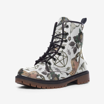Eclectic Witch Aesthetic Pattern on White Vegan Leather Combat Boots