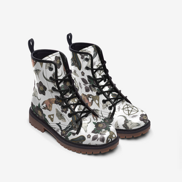 Eclectic Witch Aesthetic Pattern on White Vegan Leather Combat Boots