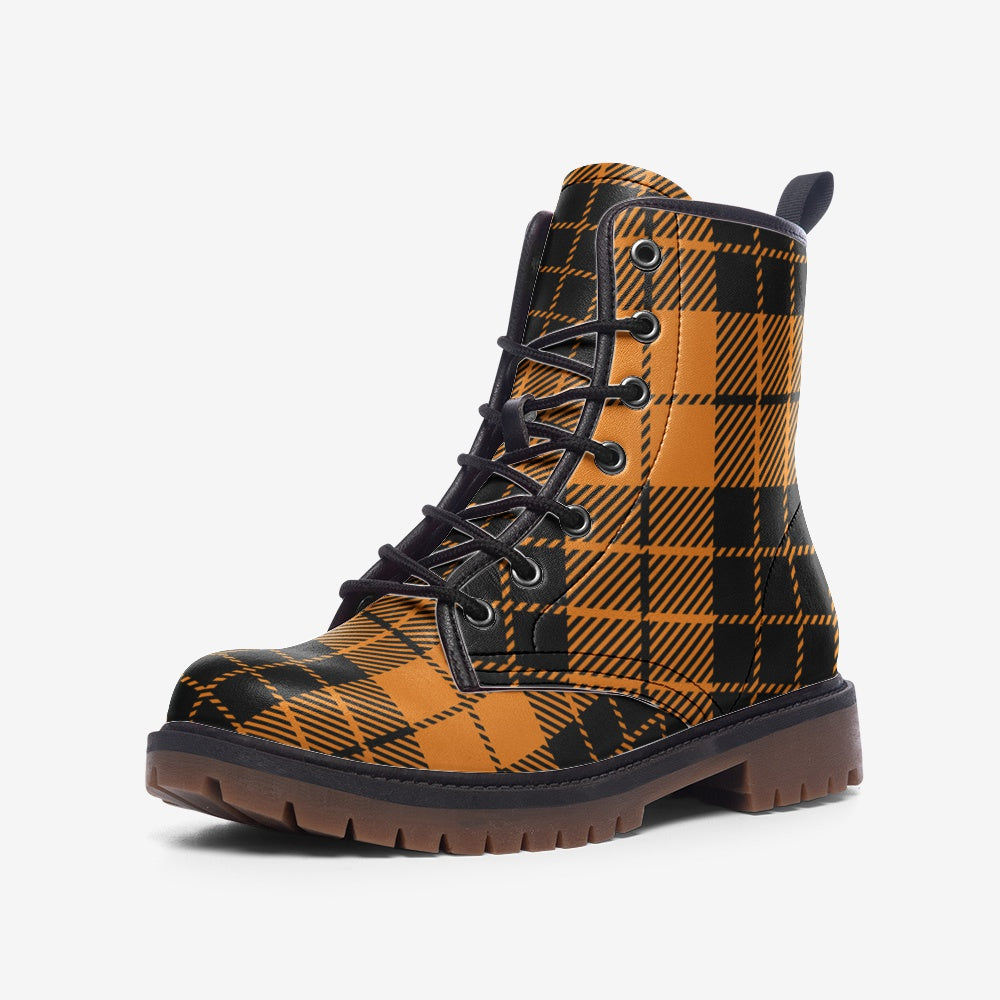 Orange and Black Tartan Print on Vegan Leather Combat Boots