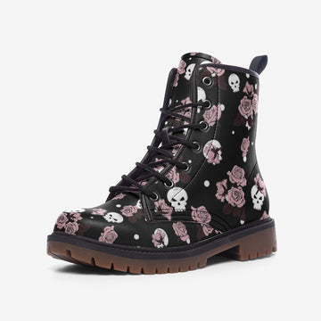 Skulls and Roses Print Black Vegan Leather Combat Boots