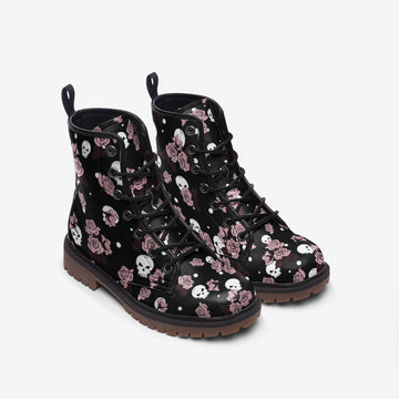 Skulls and Roses Print Black Vegan Leather Combat Boots