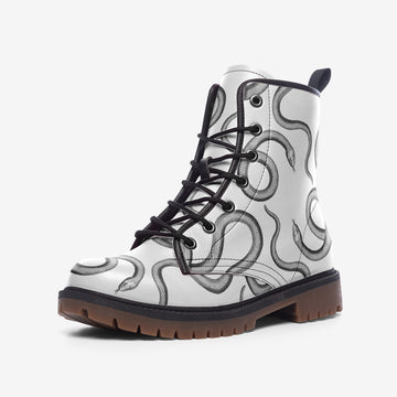 Black Snakes on White Vegan Leather Combat Boots