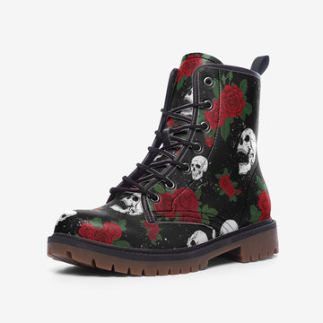 Screaming Skulls and Red Roses Patterned Black Vegan Leather Combat Boots