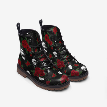 Screaming Skulls and Red Roses Patterned Black Vegan Leather Combat Boots