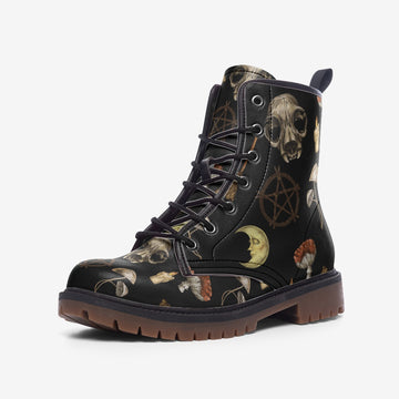 Witchcore Aesthetic Pattern On Black Vegan Leather Combat Boots