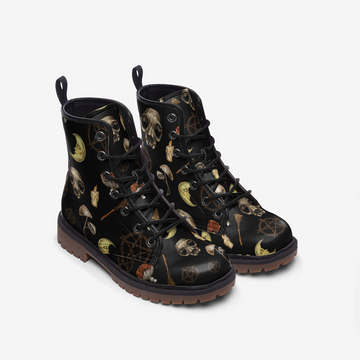 Witchcore Aesthetic Pattern On Black Vegan Leather Combat Boots