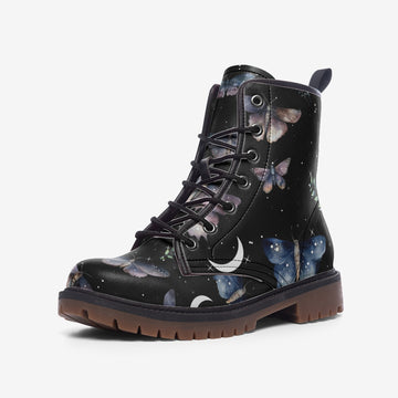 Butterflies in Magical Forest on Black Vegan Leather Combat Boots
