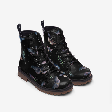 Butterflies in Magical Forest on Black Vegan Leather Combat Boots
