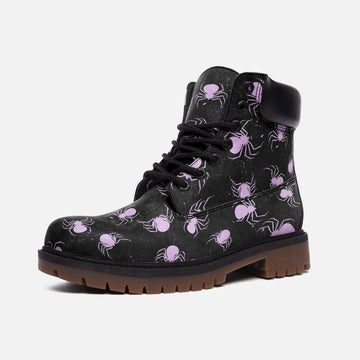 Purple Spiders Print Black Vegan Leather Low Combat Boots