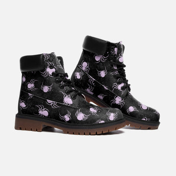 Purple Spiders Print Black Vegan Leather Low Combat Boots