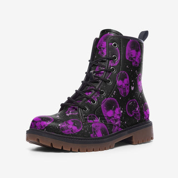 Purple Skulls Black Vegan Leather Combat Boots