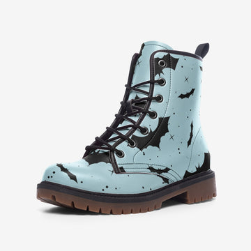 Black Flying Bats Print Light Blue Vegan Leather Combat Boots