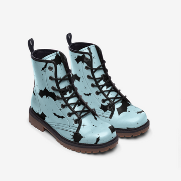 Black Flying Bats Print Light Blue Vegan Leather Combat Boots