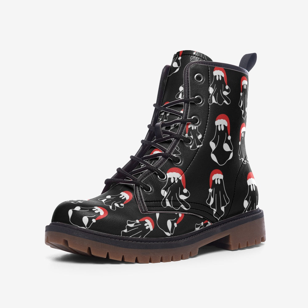 Christmas Ghosts Santas Print on Black Vegan Leather Combat Boots