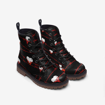 || LIMITED EDITION || Bleeding Hearts Through Red Barbed Wires on Black Vegan Leather Combat Boots