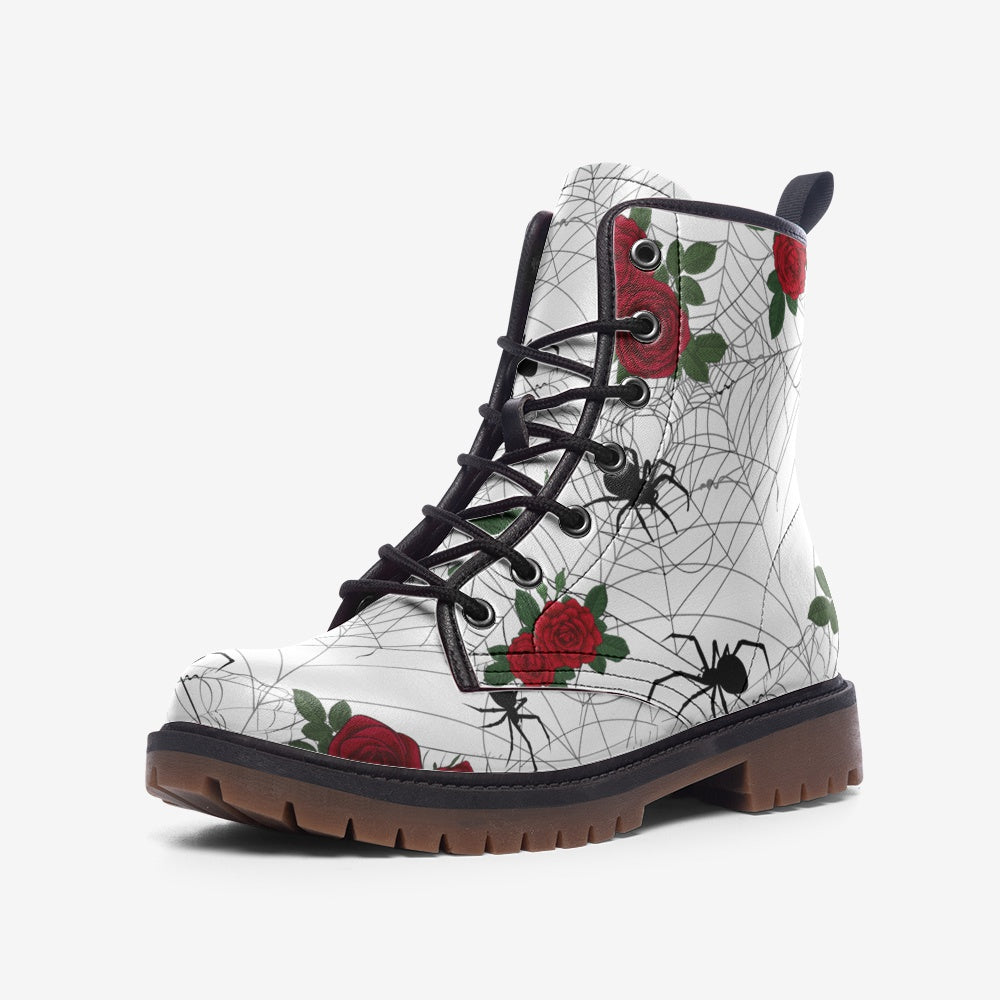 Venomous Spiders and Red Roses White Vegan Leather Combat Boots