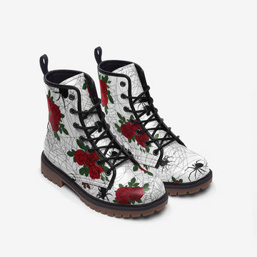 || LIMITED EDITION || Venomous Spiders and Red Roses White Vegan Leather Combat Boots