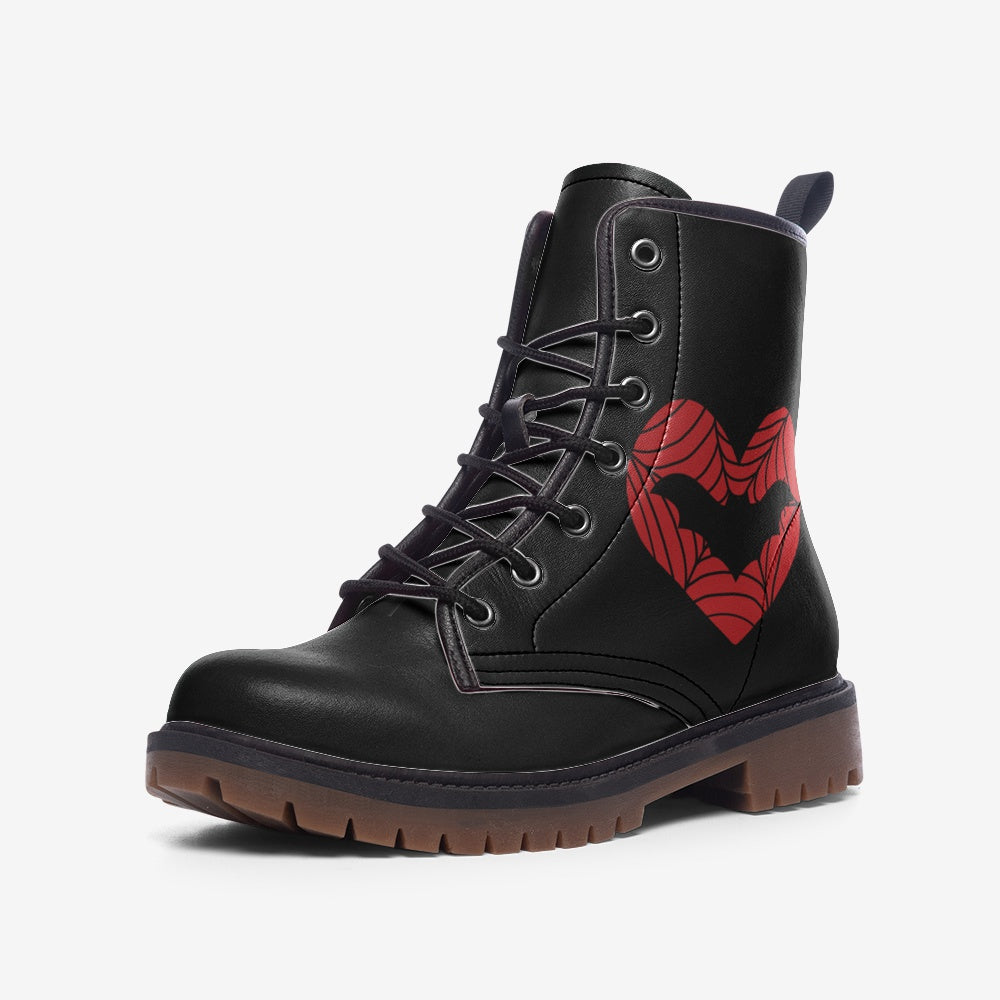 Red Spiderweb Heart with Bat on Black Vegan Leather Combat Boots