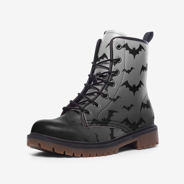 Black Bats Patterned Black Gradient Vegan Leather Combat Boots