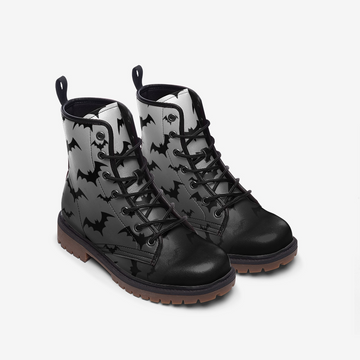 Black Bats Patterned Black Gradient Vegan Leather Combat Boots