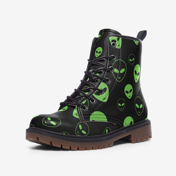 Neon Green Alien Heads Print Black Vegan Leather Combat Boots