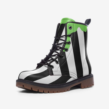 Green Slime Black and White Striped Vegan Leather Combat Boots