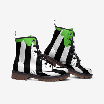 Green Slime Black and White Striped Vegan Leather Combat Boots