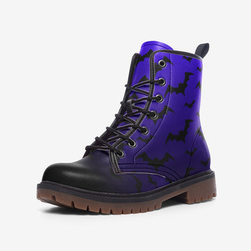 Black Flying Bats Print Blue Cobalt Vegan Leather Combat Boots