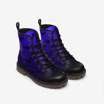 Black Flying Bats Print Blue Cobalt Vegan Leather Combat Boots