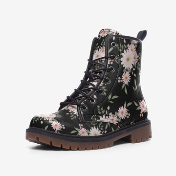 Dark Aesthetic Pink Floral on Black Vegan Combat Boots