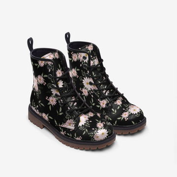 Dark Aesthetic Pink Floral on Black Vegan Combat Boots