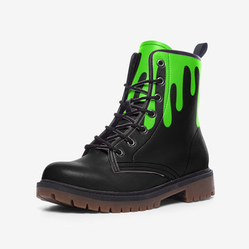 Green Slime On Black Vegan Leather Combat Boots