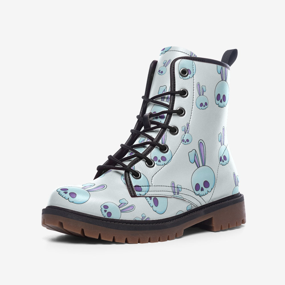 Pastel Goth Bunny Skulls Print Vegan Leather Combat Boots