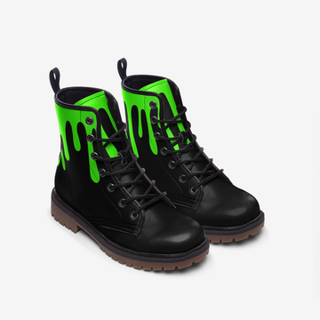 Green Slime On Black Vegan Leather Combat Boots