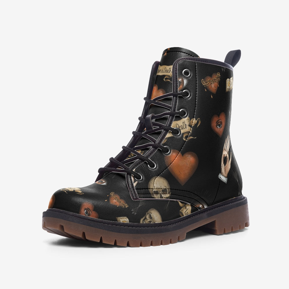 Dark Valentine's Day Inpired Black Vegan Leather Combat Boots