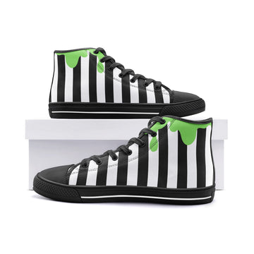 Black and White Stripes with Green Slime on Vegan High Top Canvas Shoes